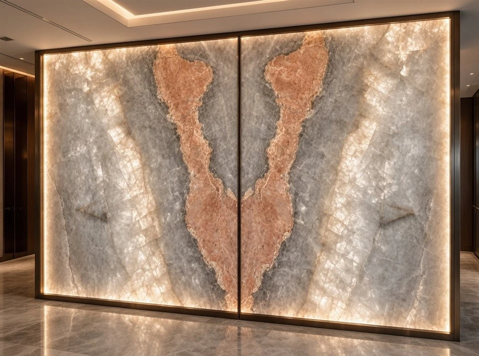 Pink Patagonia Quartzite book-matched backlit feature wall panels installed in a luxury interior, showcasing symmetrical mirrored stone patterns and illuminated crystal textures.