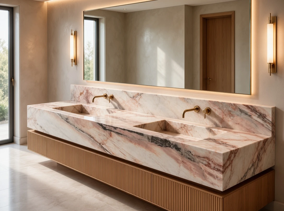 Calacatta Rosa marble bathroom vanity with two integrated rectangular sinks and wall-mounted brass faucets Calacatta Rosa marble bathroom vanity with two integrated rectangular sinks and wall-mounted brass faucets