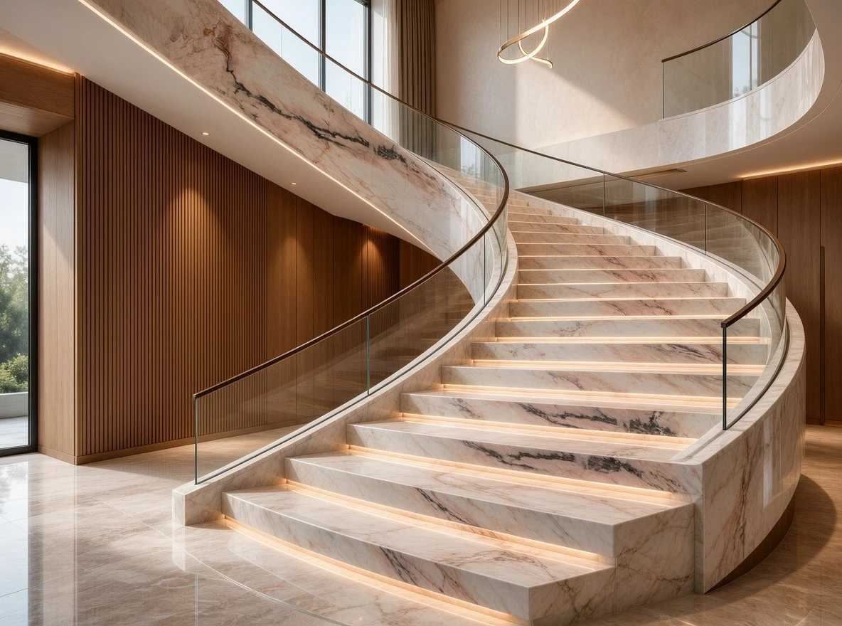 Curved interior staircase clad in Calacatta Rosa marble with illuminated steps and glass balustrades Curved interior staircase clad in Calacatta Rosa marble with illuminated steps and glass balustrades