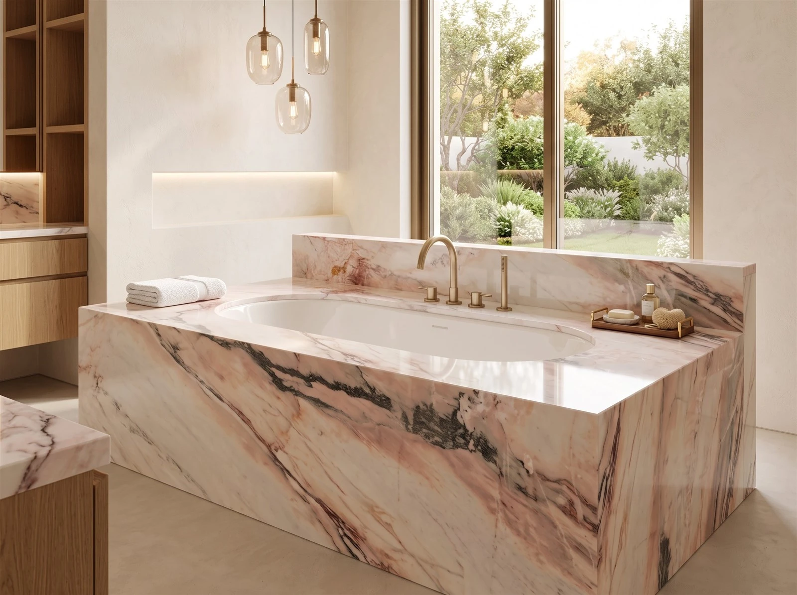 Built-in bathtub with a Calacatta Rosa marble deck, backsplash and full-height stone apron in a luxury bathroom Built-in bathtub with a Calacatta Rosa marble deck, backsplash and full-height stone apron in a luxury bathroom