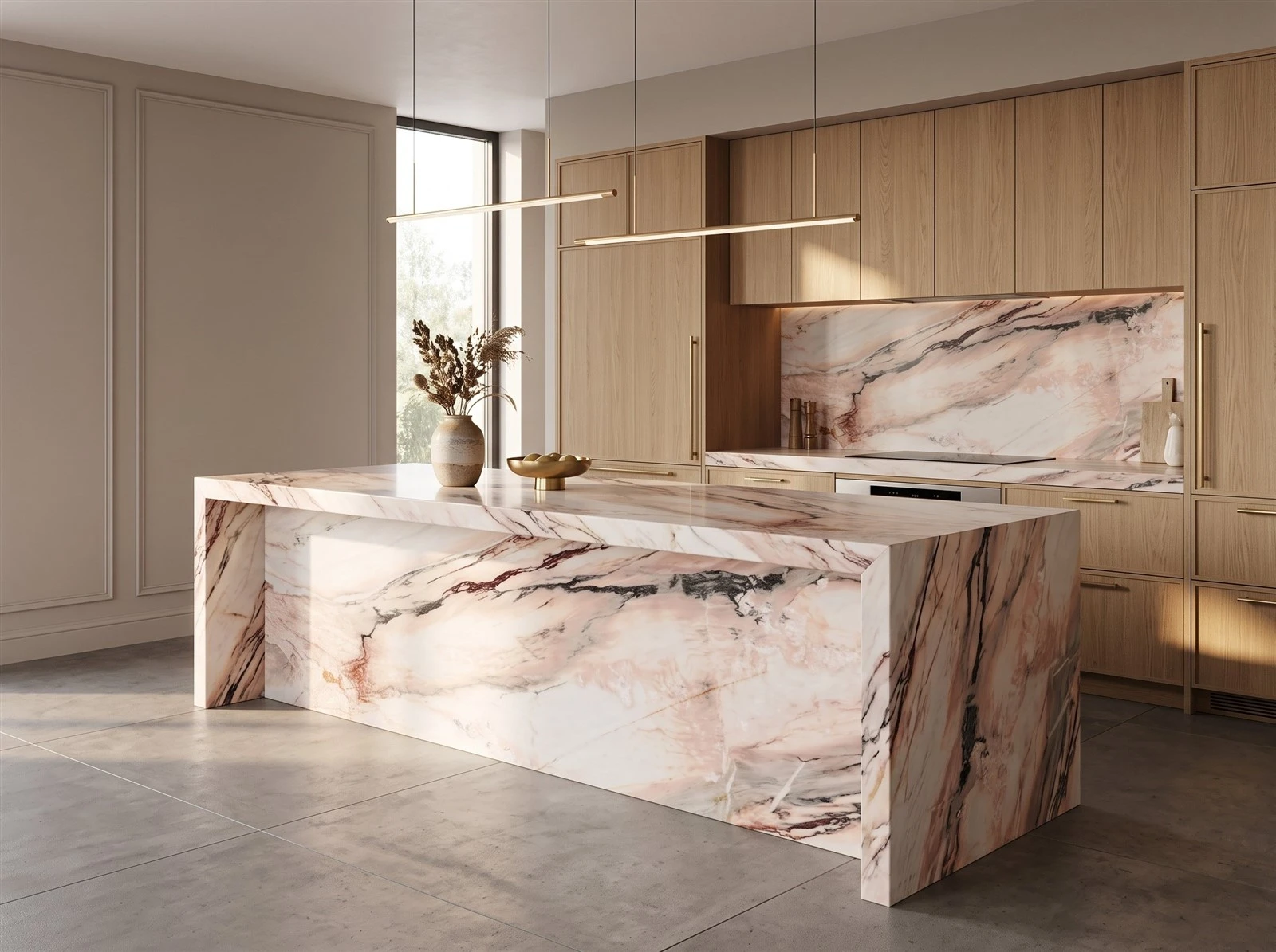 Calacatta Rosa marble kitchen island, countertops and backsplash installed in a luxury modern kitchen Calacatta Rosa marble kitchen island, countertops and backsplash installed in a luxury modern kitchen